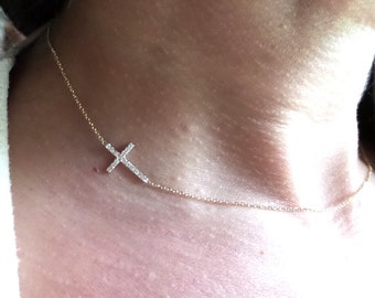 Small Diamond Cross Necklace 0.16cts / Sideways Diamond Cross / 14k Gold Diamond Cross / Dainty Diamond Cross / Baptism Gift / Communion