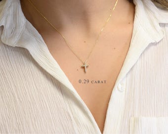 Dainty 0.29 CT Diamond Cross Necklace: 14k  Gold