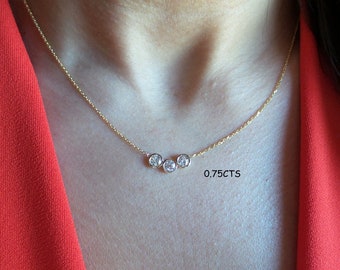 Diamond Necklace / 14k Gold Diamond Bezel Necklace 0.75cts / Bridal Diamond Necklace / Floating Diamond / Dainty Diamond Necklace / Bridal