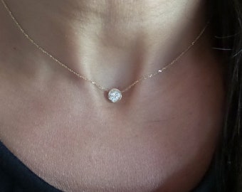 Diamond Solitaire Bezel Necklace 1CT / 14k Gold Diamond Necklace / Dainty Diamond Necklace/ Floating Diamond / Delicate Diamond Necklace