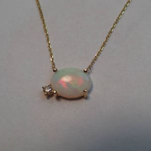 Opal Diamond Necklace / Natural Diamond Necklace/ 14k Gold Australian Opal / White Opal Necklace / Gold Opal Pendant / October Birthstone