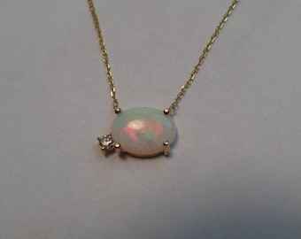 Opal Diamond Necklace / Natural Diamond Necklace/ 14k Gold Australian Opal / White Opal Necklace / Gold Opal Pendant / October Birthstone