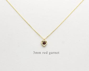 Garnet Heart Necklace/ 14k Gold Garnet Solitaire Necklace/ Mini Heart Necklace/ Dainty Heart Necklace/ January Gemstone Necklace