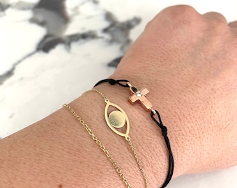 Diamond Cross Bracelet / 14k Rose Gold Diamond Cross Bracelet 0.05CT  / Pull String Diamond Cross Bracelet / Men Women Kids Cross