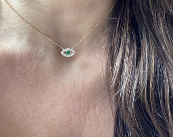 Emerald Diamond Evil Eye Necklace 0.32CT / 14k Gold Diamond Evil Eye Necklace / Emerald Diamond  Evil Eye / Layering Evil Eye Necklace