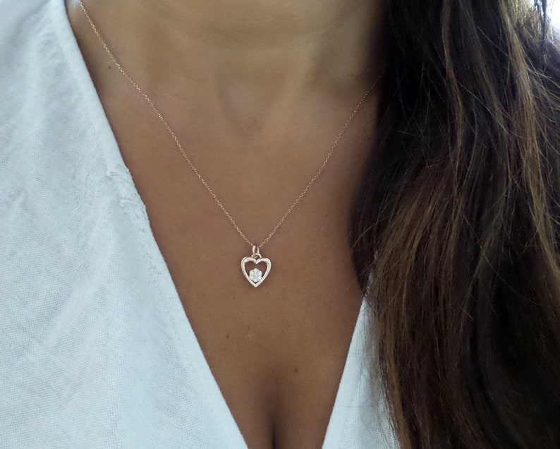Diamond Heart Necklace 14k Rose Gold Diamond Heart Necklace Solid Rose Gold Heart Necklace Dainty Heart Necklace Heart Pendant