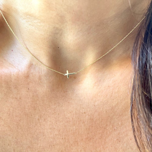 14k Gold Sideways Cross Necklace 