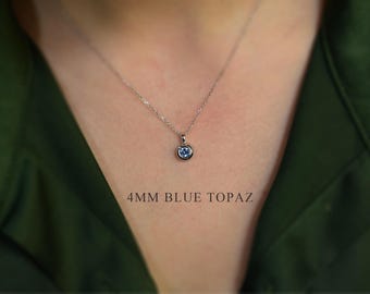 Personalized Blue Topaz Solitaire Necklace 0.25 carat / 14k Gold round Blue Topaz Necklace / December Birthstone / Layering Topaz Pendant