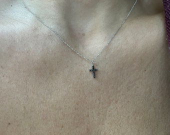Small Diamond Cross Necklace / Black Diamond Cross Necklace / 14k White Gold Layering Diamond Cross / Baptism Cross / Communion Confirmation