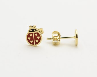 Ladybug Earrings (pair) / 14k Gold Lady Bug Studs / Good Luck / Insect Ladybug Charm Earrings