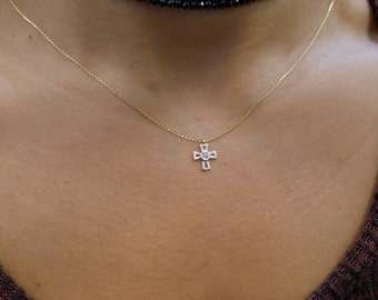 Diamond Cross 14k Yellow Gold/ Yellow Gold 14k Diamond Cross 0.05ct SI1 GH Color/ Minimalist Cross/ Mini-Diamond Cross/ Layering Cross