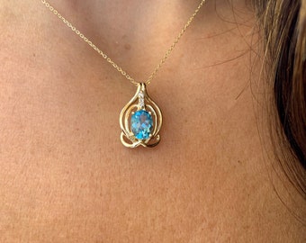 Blue Topaz Diamond Necklace / 14k Gold Blue Topaz Diamond Necklace / Topaz Necklace / Gold Diamond Blue Topaz Necklace / December Topaz