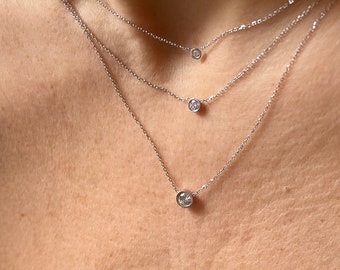Diamond Solitaire Necklace / Bridal Diamond Solitaire Necklace / 14K Gold Diamond Bezel Necklace / Gold Diamond Solitaire Necklace