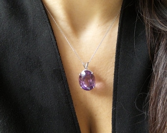 Amethyst Necklace / Sterling Silver Amethyst Necklace / Oval Amethyst Pendant / Large Purple Amethyst Necklace / February Gemstone