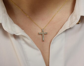 Large Diamond Cross Necklace 0.77CTS / 14k Gold Diamond Cross / Bridal Diamond Cross / Baptism Gift / Communion / Confirmation /Confirmation