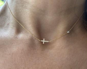 Small Diamond Cross Necklace / Dainty Diamond Cross / 14k Gold Diamond Cross / Small Diamond Cross / Baptism Gift / Communion /Gold Diamond