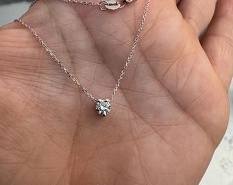 Diamond Necklace / 14k White Gold Diamond Sliding Necklace / Solitaire 3 Prong Diamond Pendant / Dainty Diamond Necklace / Floating Diamond