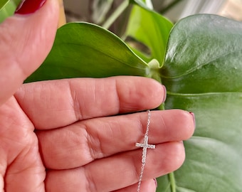 Diamond Cross Bracelet / 14k White Gold Diamond Cross / Small Diamond Cross / Baptism Gift / Communion / Christmas Gift / Religious / Cross