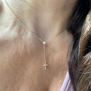 14k Gold Diamond Cross Lariat Necklace: Dainty Communion Confirmation Gift
