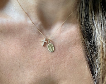 Small Diamond Cross Virgin Mary Necklace / 14k Gold Diamond Cross Virgin Mary Necklace / Small Diamond Cross / Baptism Gift / Communion