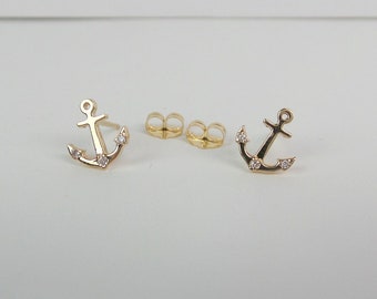 Diamond Anchor Earrings / 14k Gold Diamond Anchor Studs / Small Anchor Earrings / Solid Gold Anchor Studs / Hope Earrings