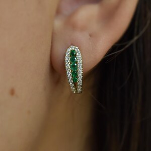 Green Emerald Diamond Hoop Earrings (Pair) / 14k Gold Birthstone Emerald Hoops / Bridal Emerald Diamond Earrings / Lightweight Emerald Hoops
