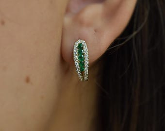 Green Emerald Diamond Hoop Earrings (Pair) / 14k Gold Birthstone Emerald Hoops / Bridal Emerald Diamond Earrings / Lightweight Emerald Hoops