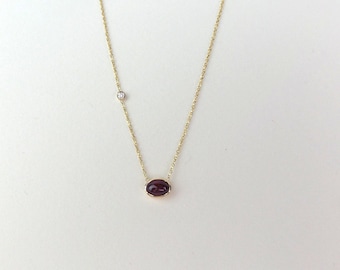 Ruby Diamond Necklace / 14k Gold Ruby Bezel Diamond Necklace / Ruby Solitaire Necklace / Minimalist Ruby Necklace / Dainty Ruby / July Gem