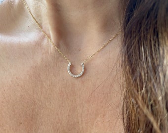Diamond Horseshoe Necklace / 14k Gold HorseShoe Necklace / Horseshoe Pendant / Large Horseshoe /  Luck Charm Necklace / Dainty Horseshoe