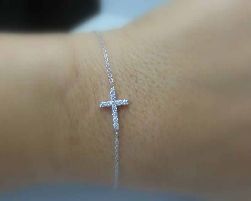 14K White Gold Diamond Cross Bracelet