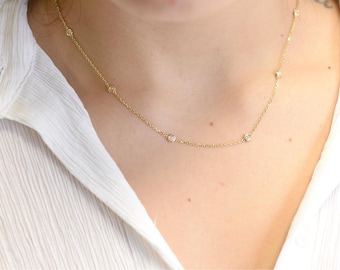 Diamond Necklace / 14k White Gold Diamond Station Necklace /  Diamond Necklace / Dainty Diamond / Diamond Bezel Set Necklace / Gift