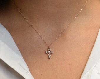 Diamond Cross Necklace  / 14k Rose Gold 0.30CT Diamond Bezel Cross / Communion Diamond Cross Necklace / Confirmation Cross / Baptism Cross