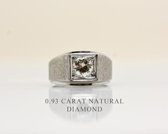 Men's Diamond ring / 14k white gold square shaped diamond ring 0.93 carat natural diamond / vintage men's diamond ring