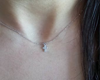 Diamond Cross/ 14k Gold Cross Necklace/ Cross Necklace with Diamonds/ Mini Diamond Cross/ Diamond Mini Cross/ Gold Tiny Cross/ Gift for Her