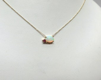 Opal Necklace / 14k Gold Opal and Ruby Necklace / Australian White Oval Opal / White Opal Necklace / Gold Opal Pendant / October Birthstone