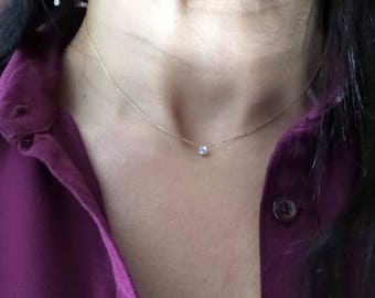 Diamond Necklace/ 14k Gold Diamond Necklace/ Diamond Solitaire Necklace/ Diamond Prong Set Necklace/ Dainty Diamond Necklace/ Bridal Jewelry