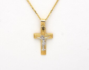 Gold Cross Necklace / 14k Gold Crucifix Cross Necklace / Two Tone Gold Cross / Boys Girls Cross / Communion / Confirmation / Baptism Cross