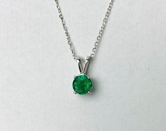 Emerald Necklace 0.61CT / 14k White Gold Emerald Solitaire Necklace / Emerald May Birthstone / Green Emerald / Prong Set Emerald Necklace