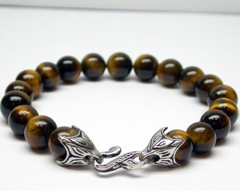 Tiger Eye Bracelet/ Mens Beaded Bracelet/ Brown Tiger Eye Bracelet/ Sterling Silver Bracelet/ Gift For Him/ Genuine Tiger Eye/ Birthday Gift