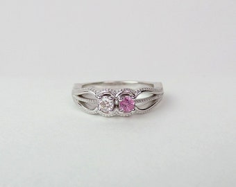 Diamond Ring Pink Sapphire Ring / Pink Sapphire Diamond Ring / Personalized Birthstone Ring / 14k White Gold Pink Sapphire Millgrain Ring