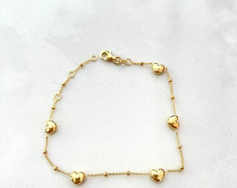 Heart Bracelet / 14k Gold Heart Bracelet / Heart Station Bracelet/ Love Bracelet / Bridal Love Bracelet