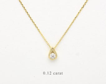 Tear drop Solitaire Necklace with a Diamond 0.12ct / 14k Gold Dainty Diamond Charm/ Minimalist Bridal Pear Shape Pendant