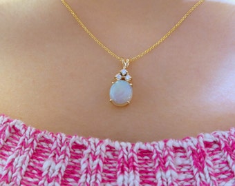 Opal diamond necklace 14 k yellow gold / natural 2.70 ct opal and 0.32 ct diamonds /october stone