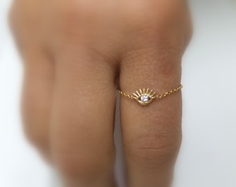 Evil Eye Ring / 14k Gold Diamond Evil Eye Ring / Chain Evil Eye Ring / Diamond Evil Eye / Minimalist Evil Eye Chain Ring / Small Evil Eye