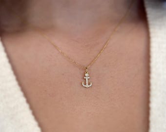 14k Solid Gold Diamond Anchor Necklace, Handmade