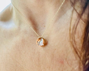 Cat Necklace / 14k Gold Cat Necklace / Mother of Pearl Cat Necklace / Cat Disc Pendant