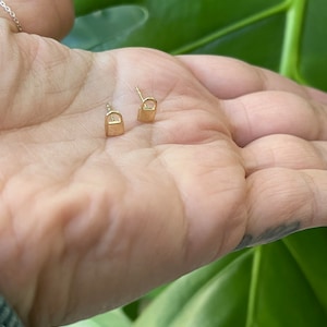 May include: A pair of gold padlock earrings. The earrings are small and delicate, and they are perfect for adding a touch of style to any outfit.