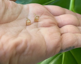 Lock Earrings ( pair)  / 14k Gold Lock Studs / Small Lock Pushback Studs