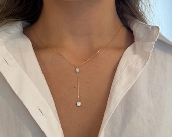 14k Gold Diamond Lariat Necklace: Bezel Set Y Drop