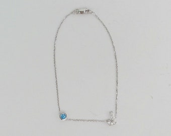 Diamond Initial Bracelet / Diamond Letter Blue Topaz Bracelet / Personalized Diamond Letter with Diamond/Gemstone Accent / Diamond Letter
